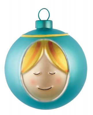 Alessi Weihnachtskugel Madonna Maria, blaue Christbaumkugel mit Engelsgesicht für den Weihnachtsbaum.